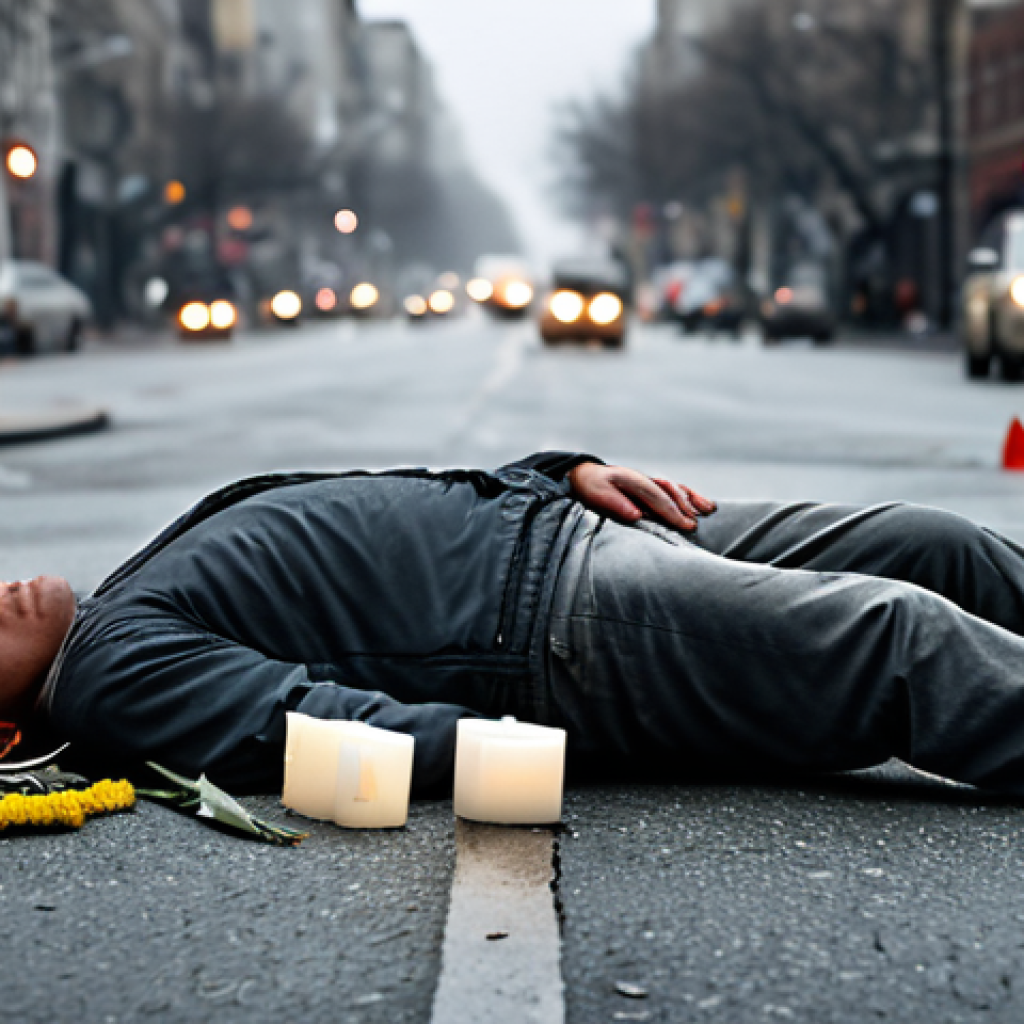 A somber scene depicting a memorial for a friend lost to drunk driving, with blurred figures of grieving people in the background, set in a city street under a gray, overcast sky.