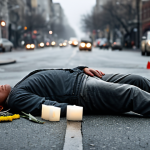 A somber scene depicting a memorial for a friend lost to drunk driving, with blurred figures of grieving people in the background, set in a city street under a gray, overcast sky.