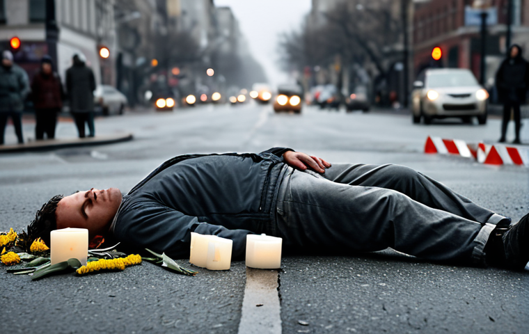 A somber scene depicting a memorial for a friend lost to drunk driving, with blurred figures of grieving people in the background, set in a city street under a gray, overcast sky.